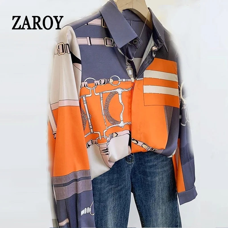 ZAROY S-3XL Imitation Silk Slim Shirts Women Orange Grey Luxury Print Fashion Blouses Lady Top Luxury Brand Design Shirt camisas