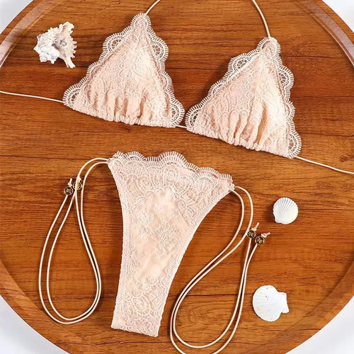 2Pcs/Set Fashion Summer Lace Bikini Set Hollow Patchwork Triangle Swimwear Casual Bandage Bathing Suit Beach