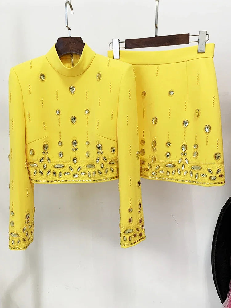 HIGH STREET Newest 2026 S/S Designer Runway Suit Set Women's Stand Collar Zip Back Cropped Tops Mini Skirt Set 2pcs
