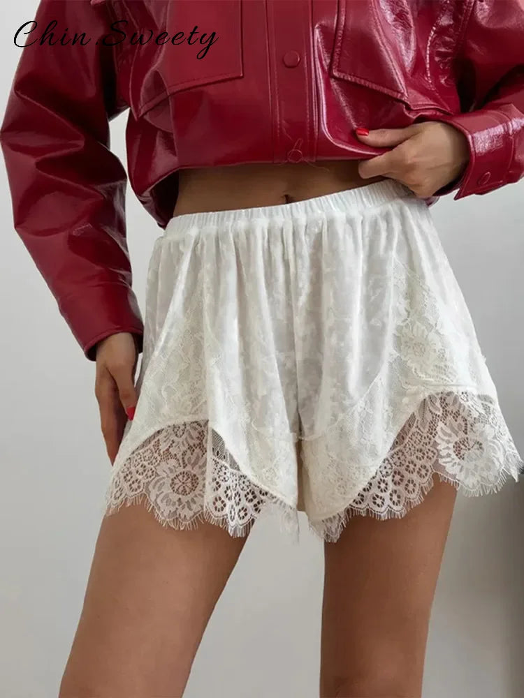 Casual Women's Printed Lace Patchwork Shorts Loose Elastic Waist Hollow Female Short Pants 2026 Summer Lady Chic All-match Pant