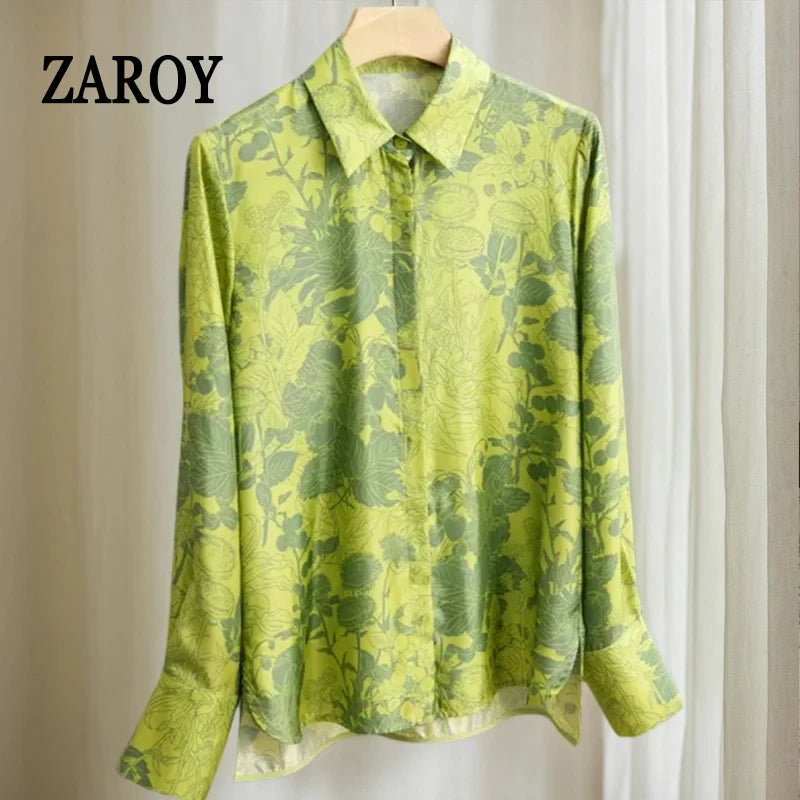 ZAROY S-3XL Imitation Silk Slim Shirts Women Orange Grey Luxury Print Fashion Blouses Lady Top Luxury Brand Design Shirt camisas