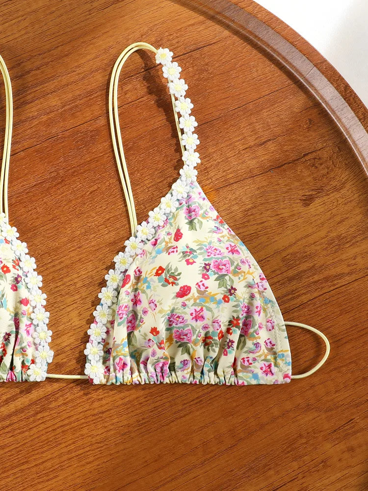 Rinabe Floral Print Bikini Triangle Swimsuits String Swimsuit Bandage Bikinis High Cut Swimwear Two-Piece Beachwear