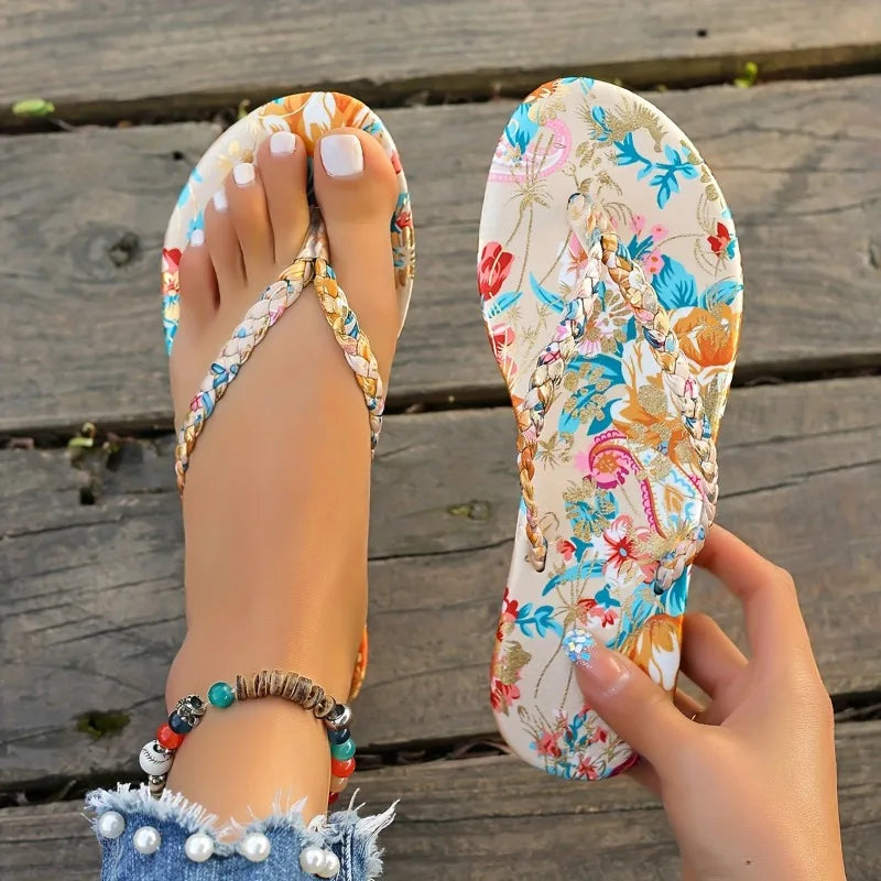 Summer New Flora Print Women Flip Flops 2026 Fashion Weave Design Simple Round Toe Female Shoes Outdoor Casual Flat Sandals