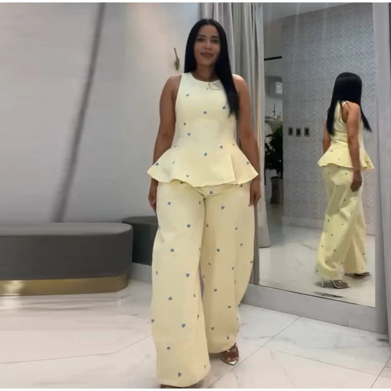 Fashion Women's Printed Pants Set Loose Round Neck Sleeveless Lotus Leaf Hem Top Straight Leg Pant 2026 Summer Lady Holiday Suit