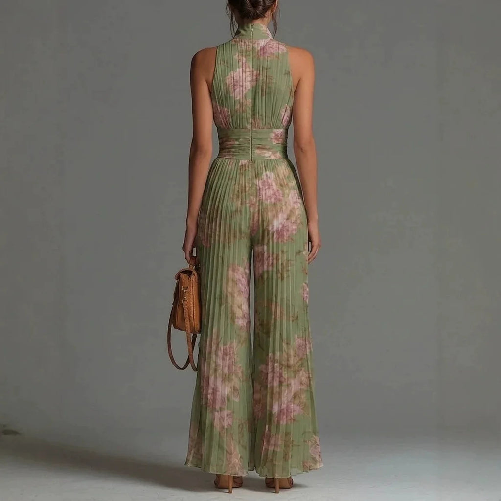 Women Elegant Chiffon Sleeveless Jumpsuit High Waist Pleated Flowy Wide Leg One Piece Overalls Holiday Casual Streetwear Rompers