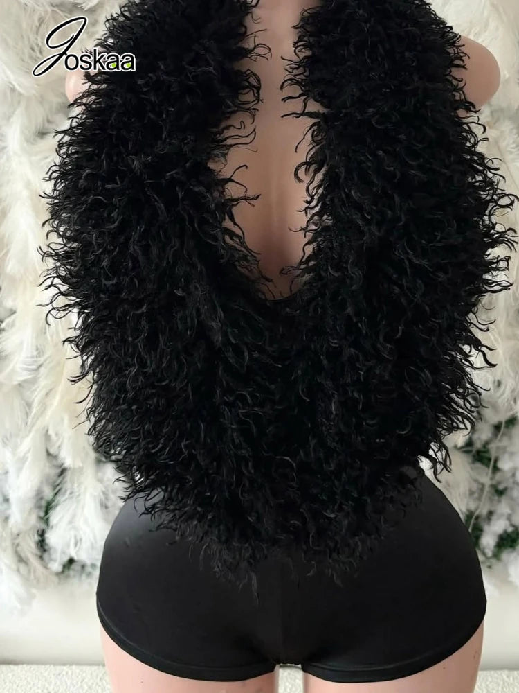 Joskaa Women's Sexy Faux Fur Romper Halter Deep V Backless Activity Workout Fit Skinny Playsuits Holiday Club Rompers S-XXL