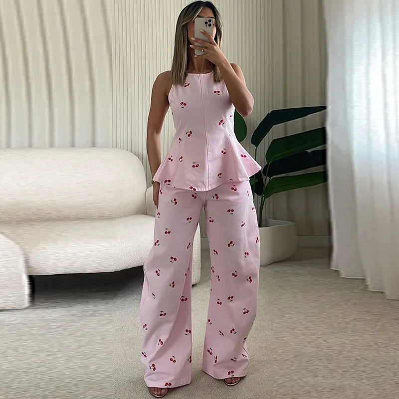 Fashion Women's Printed Pants Set Loose Round Neck Sleeveless Lotus Leaf Hem Top Straight Leg Pant 2026 Summer Lady Holiday Suit