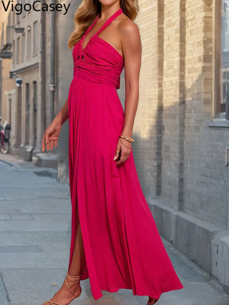 VigoCasey 2026 Summer Female Sexy Tied Halter Evening Dress Women Solid Cross Hollow Dress Lady Sleeveless Tight Club Dresses