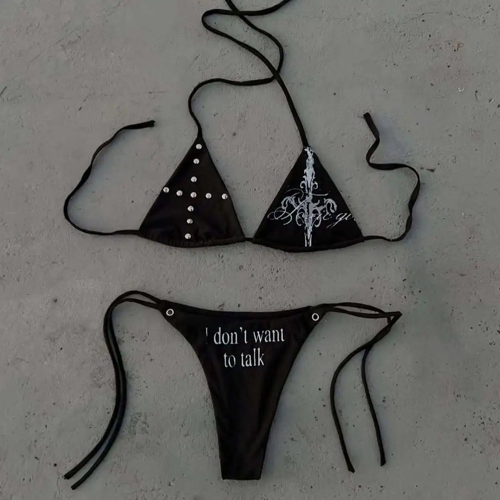 2026 spring and summer new Y2K beach wind spice girl dark retro cross pattern rivet metal decorative personalized bikini suit.