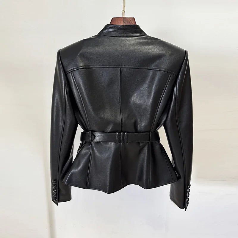 2026 new luxury and fashionable women's clothing belt slim fit leather jacket with multiple pockets motorcycle fashion jacket
