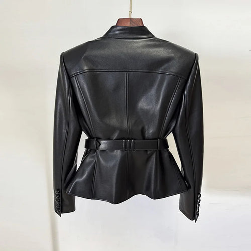 2026 new luxury and fashionable women's clothing belt slim fit leather jacket with multiple pockets motorcycle fashion jacket