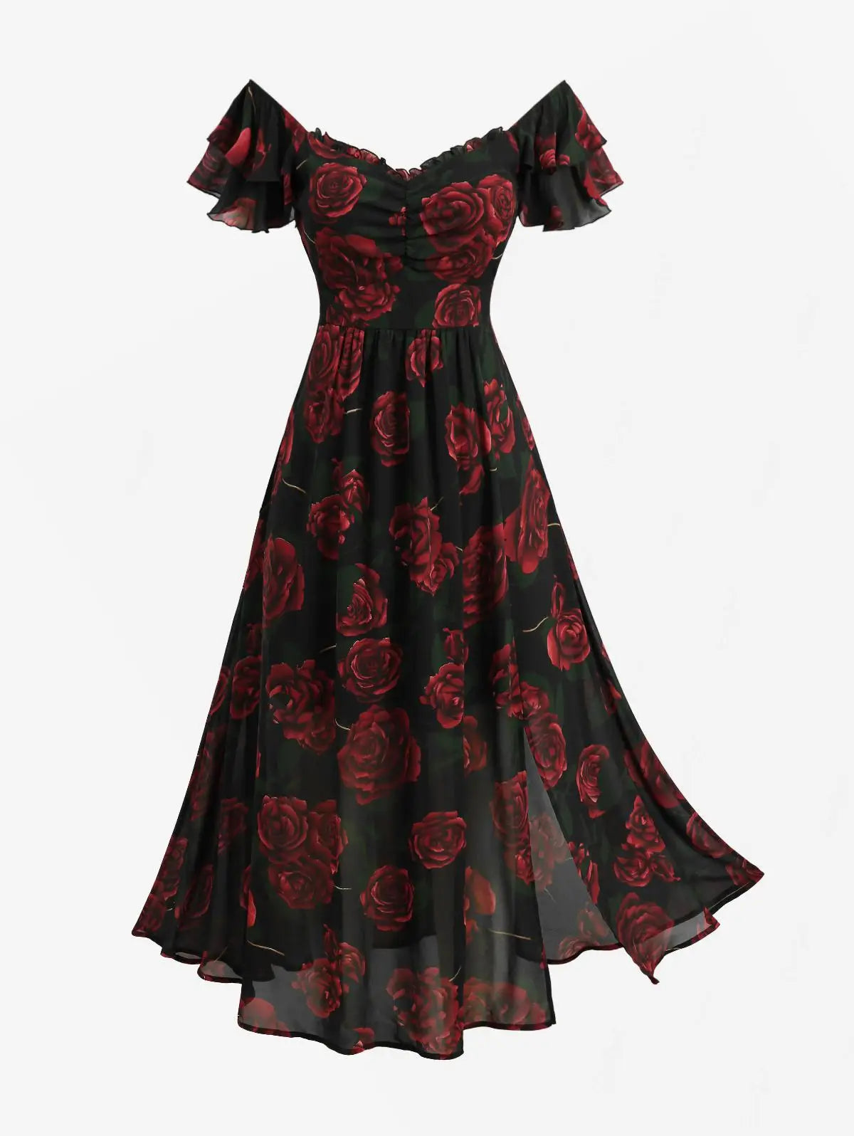 Plus Size Rose Flower Print Ruched Split A-Line Dress 2026 New Arrived Women's Elegant Casual Maxi Dress Robe Vestidos