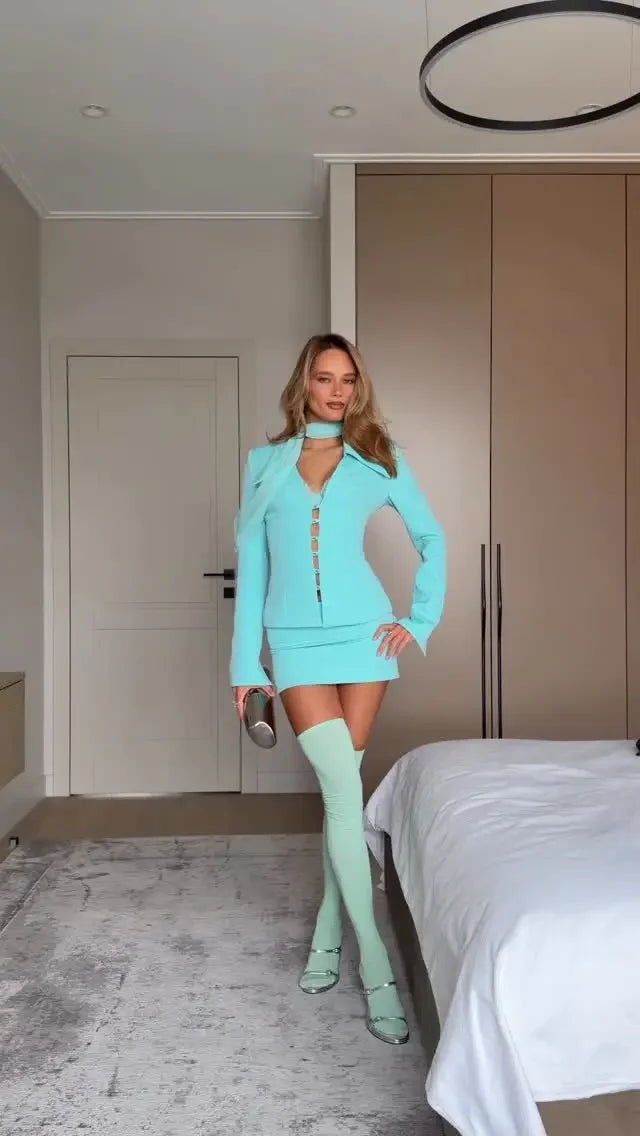 Solid Lapel Single Breasted Breasted Women Set Fashion Hollow Out Blazer Wrap Hip Mini Skirts Suit Lady Street Outfit 2026 New