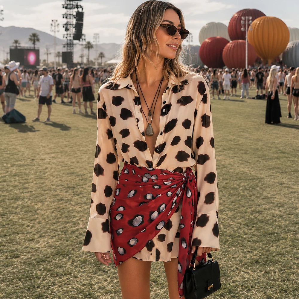 Ticketsx Summer Fashion New Print Dress Women's Casual Lapel Button Ribbon Patchwork Slim Dress Vintage Street Vacation Vestidos