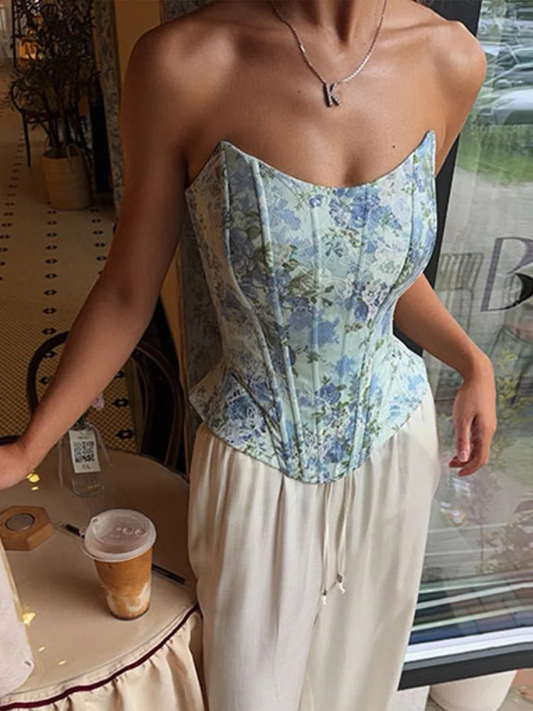 Floral Print Women Fishbone Corset Top Chic Fishbone Strapless Backless Camis Vest 2026 Summer Party Club Daily Matching Tank