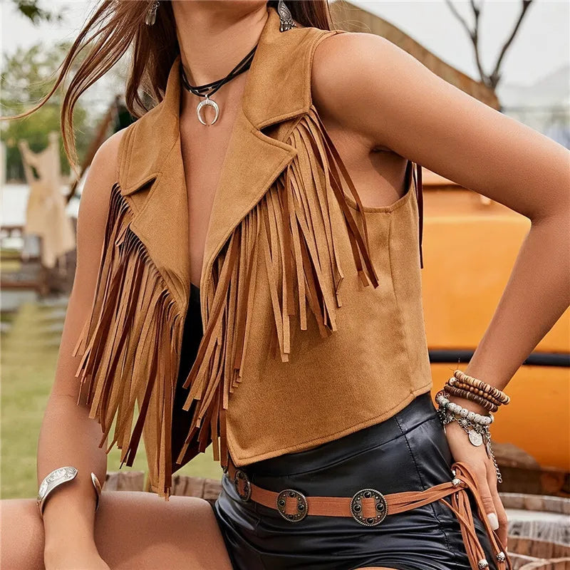Women Jacket Vest Boho Vintage Sleeveless Open Front Tasseled Solid Color Outwear Gilet for Casual Streetwear