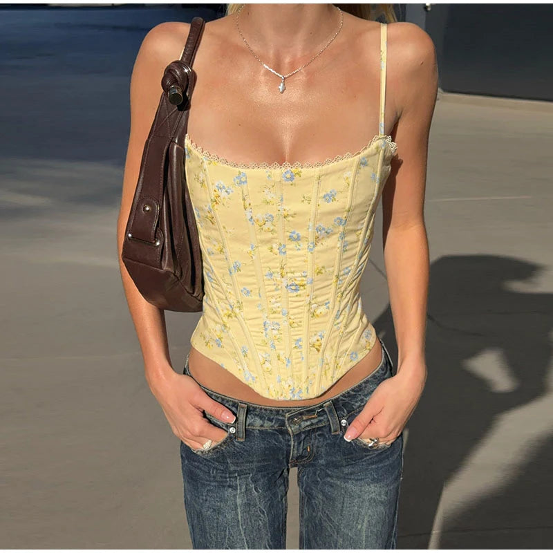 Floral Print Women Fishbone Corset Top Chic Fishbone Strapless Backless Camis Vest 2026 Summer Party Club Daily Matching Tank