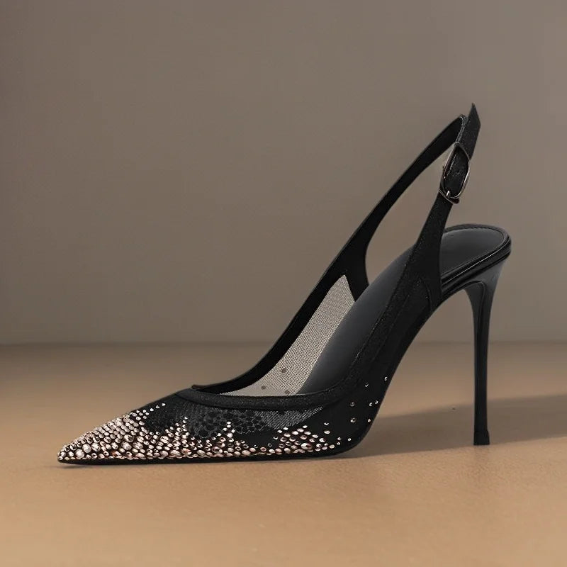Nude black mesh shape rhinestone pointed toe backless strappy high-heeled sandals sexy toe-up new large size high-heeled shoes