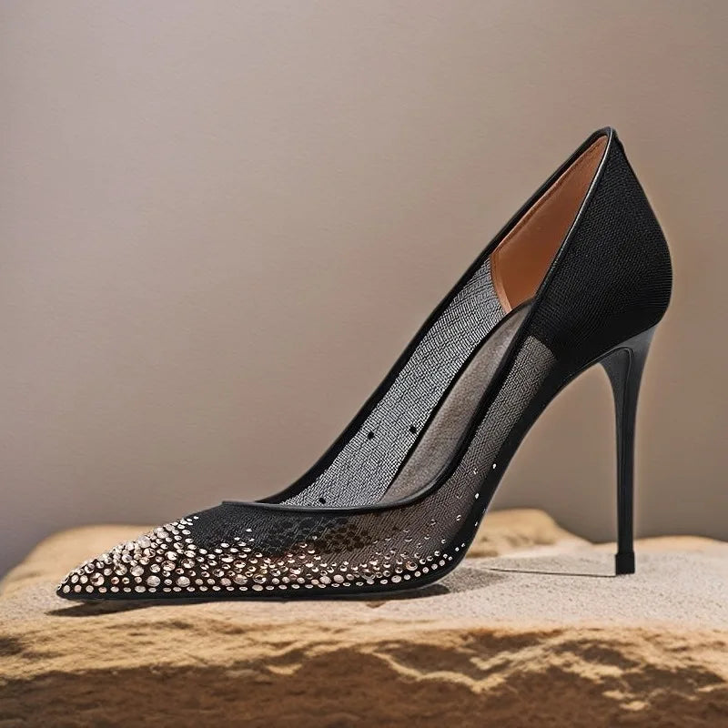 Gold Hot Diamond Mesh Yarn Breathable Pointed Head Stiletto High Heels Naked Black Sexy Elegant 2025 Autumn New Large Size