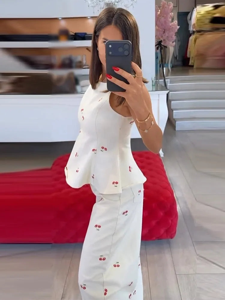 Fashion Women's Printed Pants Set Loose Round Neck Sleeveless Lotus Leaf Hem Top Straight Leg Pant 2026 Summer Lady Holiday Suit