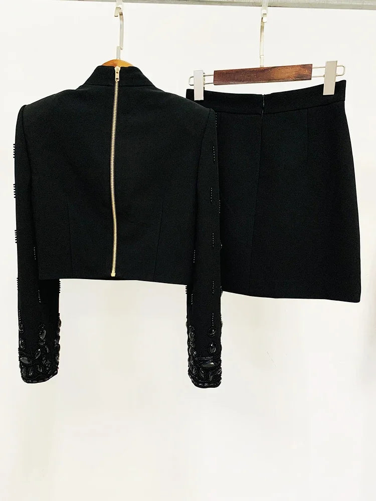HIGH STREET Newest 2026 S/S Designer Runway Suit Set Women's Stand Collar Zip Back Cropped Tops Mini Skirt Set 2pcs