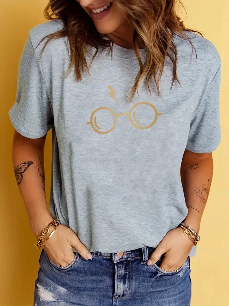 Glasses Print T-Shirt, Summer Short Sleeve Causal Top, Women's Clothing