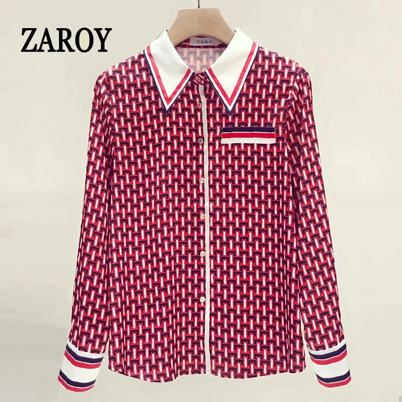 ZAROY S-3XL Imitation Silk Slim Shirts Women Orange Grey Luxury Print Fashion Blouses Lady Top Luxury Brand Design Shirt camisas