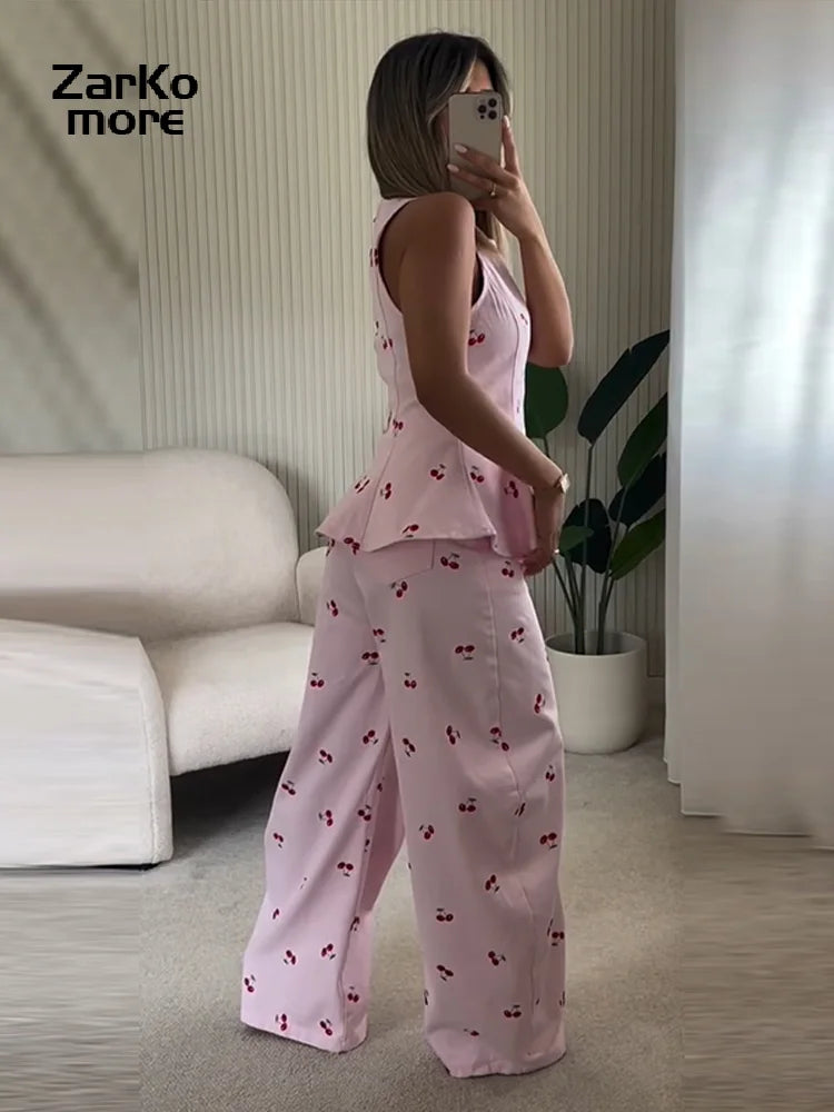 Fashion Women's Printed Pants Set Loose Round Neck Sleeveless Lotus Leaf Hem Top Straight Leg Pant 2026 Summer Lady Holiday Suit