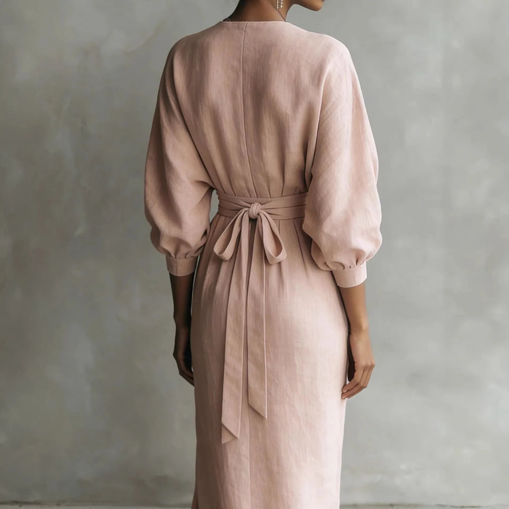 Women's Striped V Neck Twist Waist Puff Long Sleeve Slit Pocket Elegant Commute Comfortable Leisure Daily Wear Trendy Maxi Dress