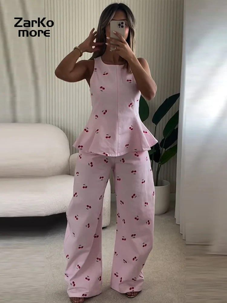 Fashion Women's Printed Pants Set Loose Round Neck Sleeveless Lotus Leaf Hem Top Straight Leg Pant 2026 Summer Lady Holiday Suit