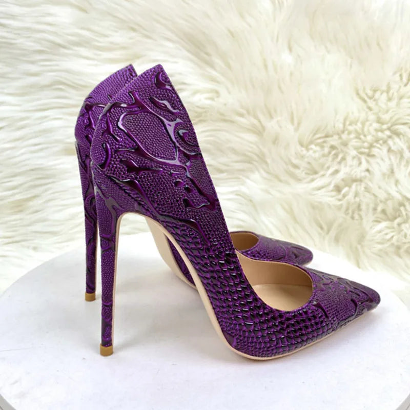 Luxury purple woman high heeled shoes shallow mouth pointed toe slip on unique shoes four season all game pattern snakes shoes