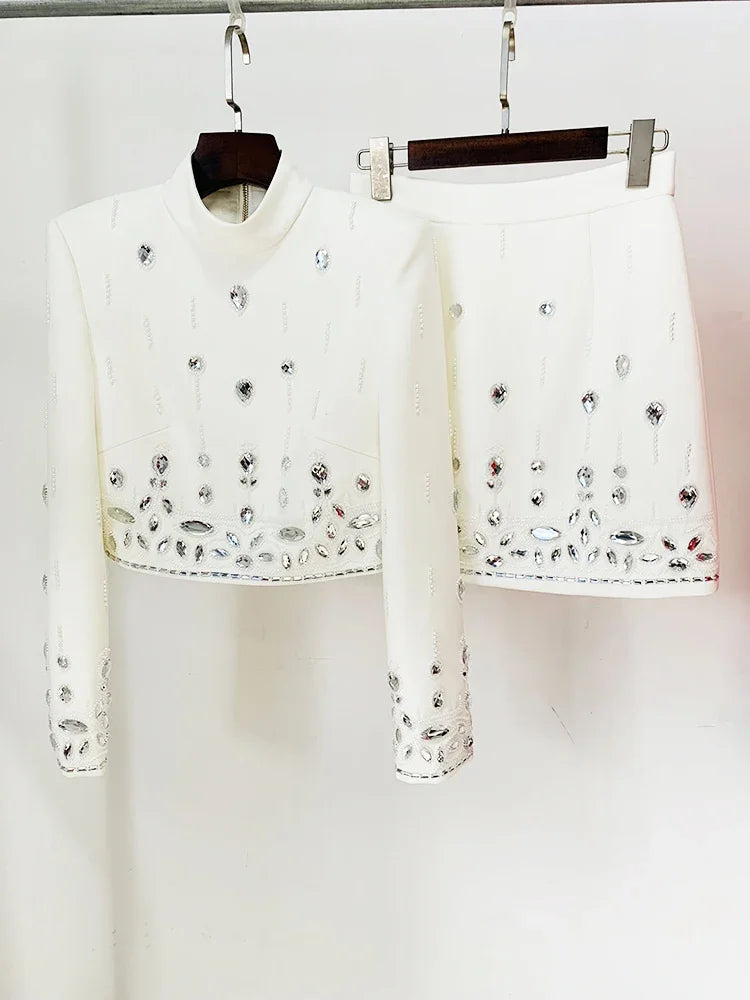 HIGH STREET Newest 2026 S/S Designer Runway Suit Set Women's Stand Collar Zip Back Cropped Tops Mini Skirt Set 2pcs