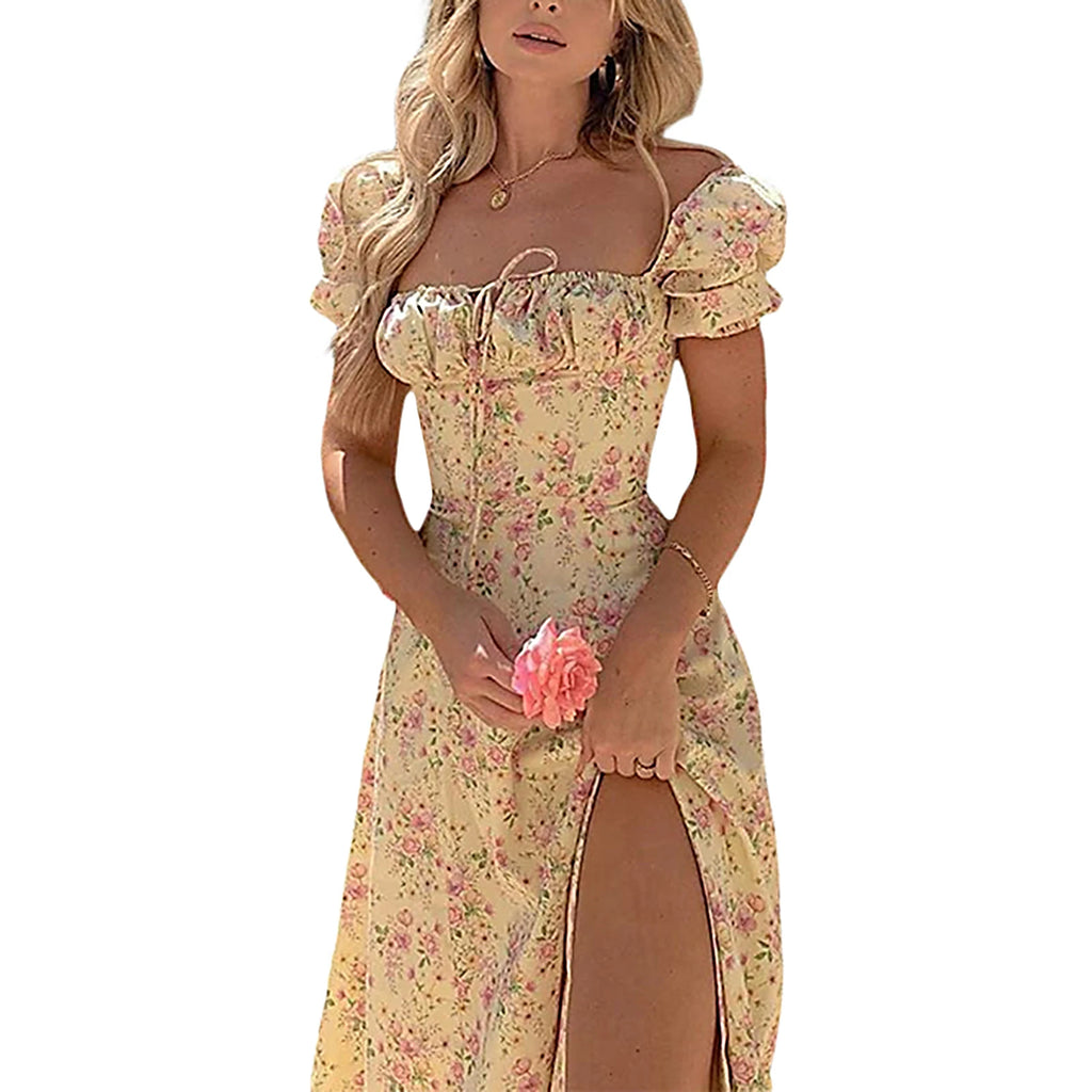 2023 Summer Women´s Y2K Elegant Dress Puff Short Sleeves Lace-Up Chest Floral Printed Party Dress High Splitting Long Skirt