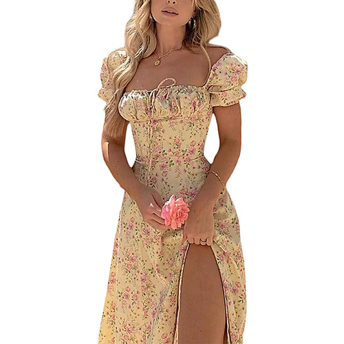 2023 Summer Women´s Y2K Elegant Dress Puff Short Sleeves Lace-Up Chest Floral Printed Party Dress High Splitting Long Skirt