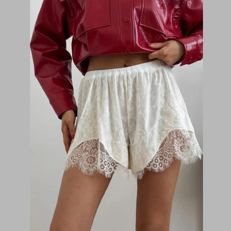 Casual Women's Printed Lace Patchwork Shorts Loose Elastic Waist Hollow Female Short Pants 2026 Summer Lady Chic All-match Pant