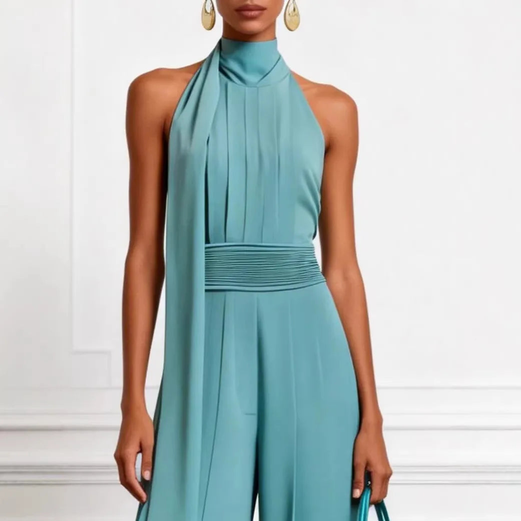Spring Summer Women Solid Sleeveless Halter Jumpsuit Playsuit Wide Leg Romper