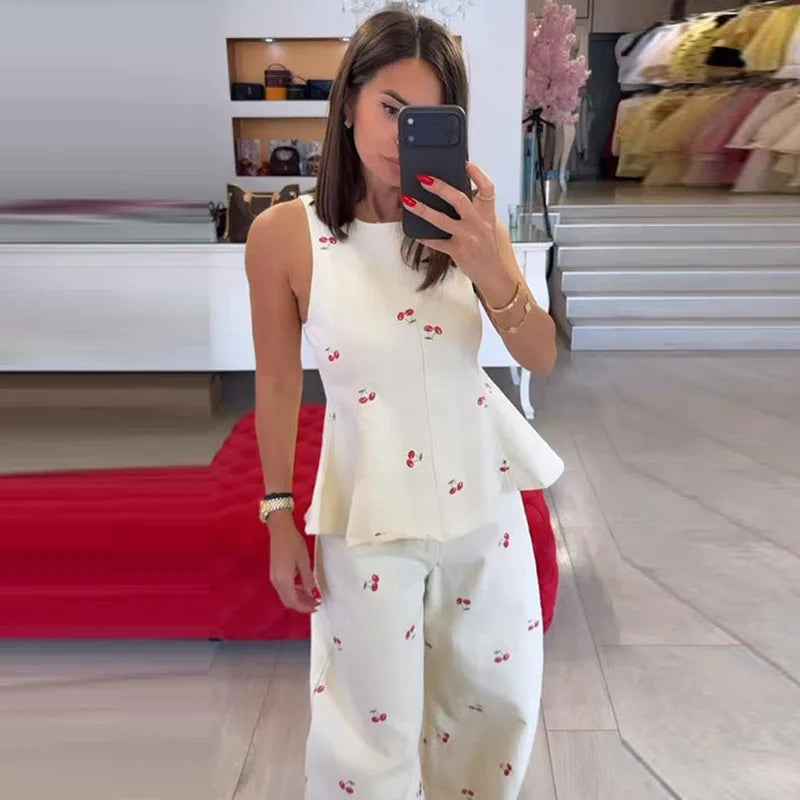 Fashion Women's Printed Pants Set Loose Round Neck Sleeveless Lotus Leaf Hem Top Straight Leg Pant 2026 Summer Lady Holiday Suit