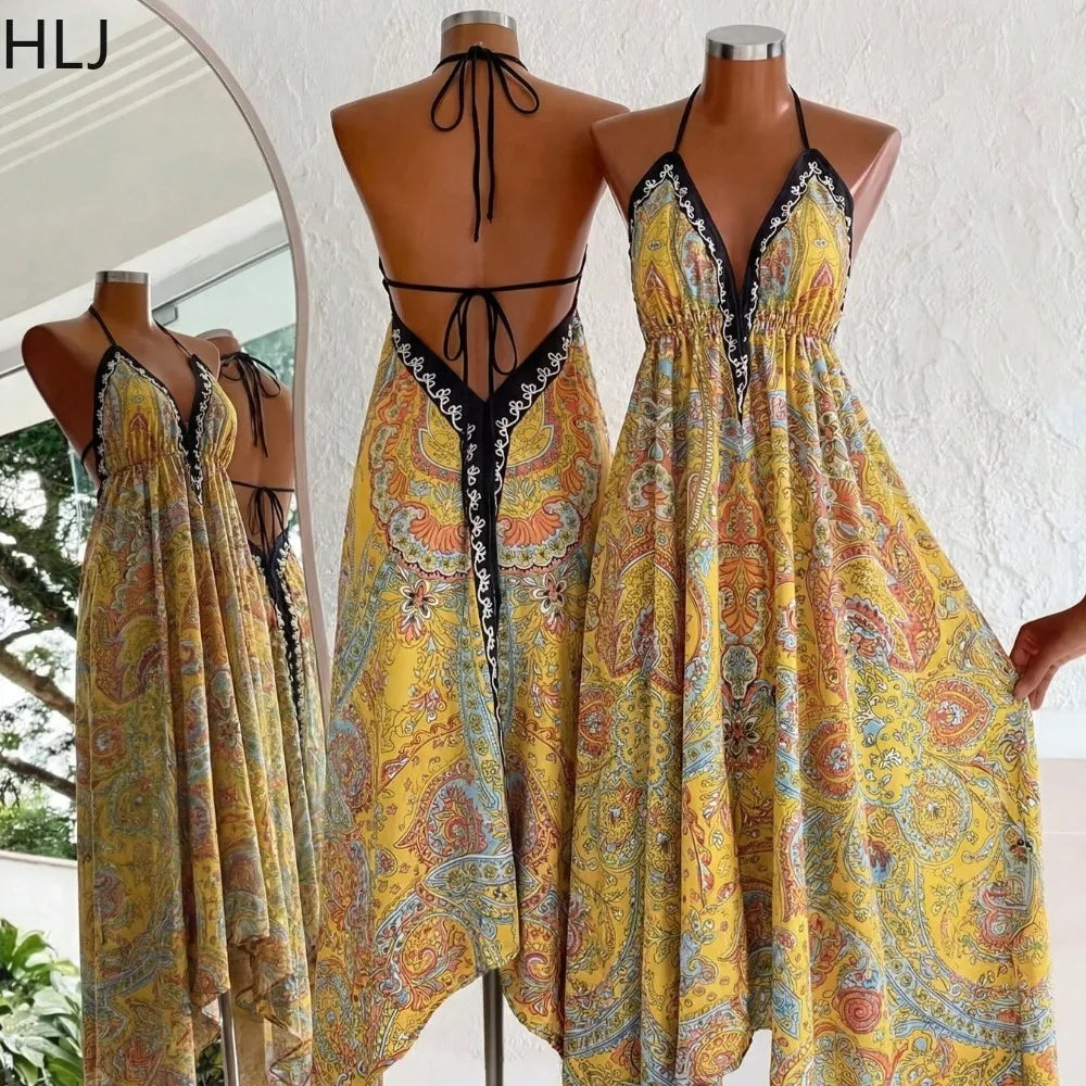 HLJ Fashion Women Bohemian Maxi Dresses Yellow Print Halter Neck Deep V Neck Backless Dress Summer Beach Vacation Sundress New