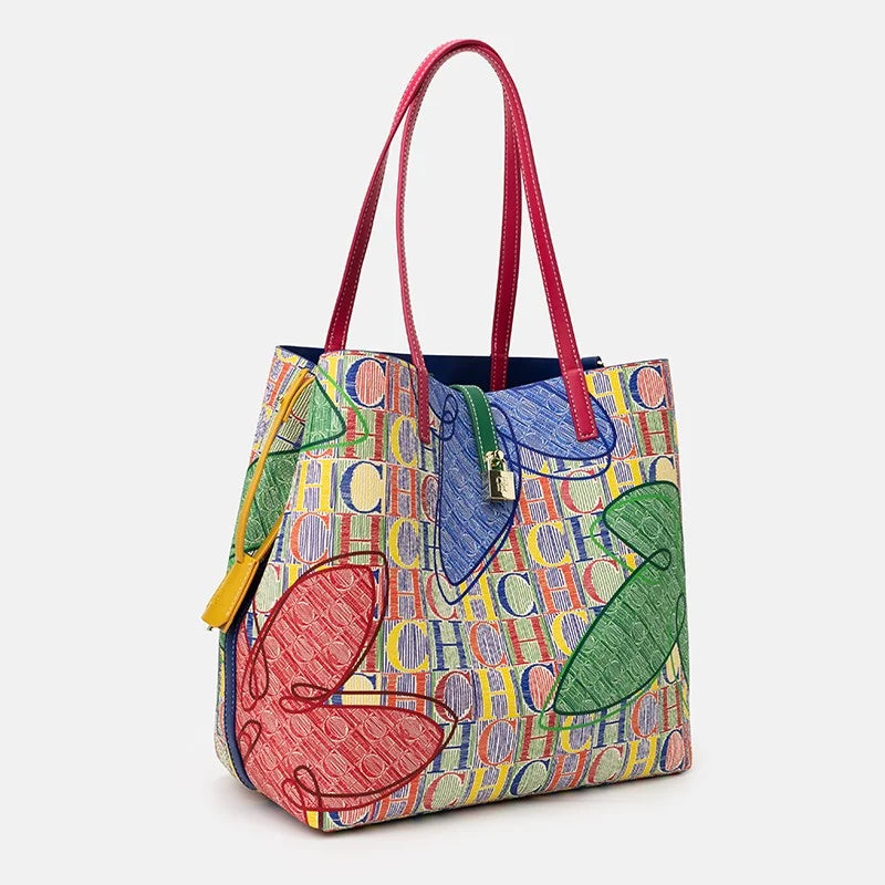CH Women Tote Bag Colorful Geometric Pattern Large Capacity Shoulder Handbag Fashion Ladies Commute Shopping Shopper Bag