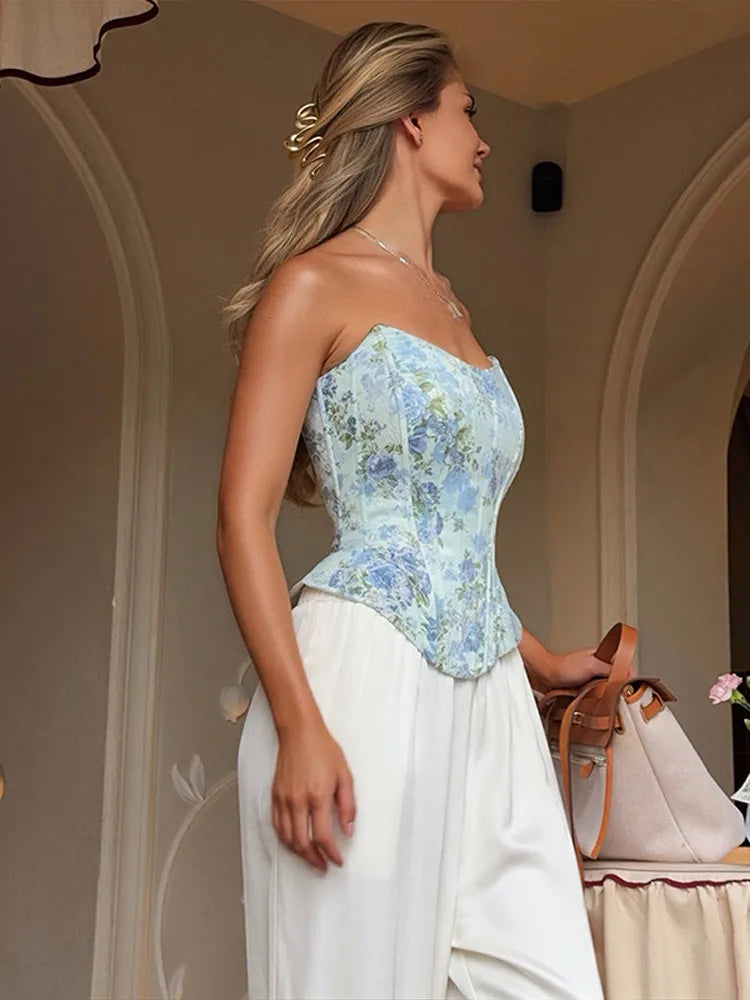 Floral Print Women Fishbone Corset Top Chic Fishbone Strapless Backless Camis Vest 2026 Summer Party Club Daily Matching Tank