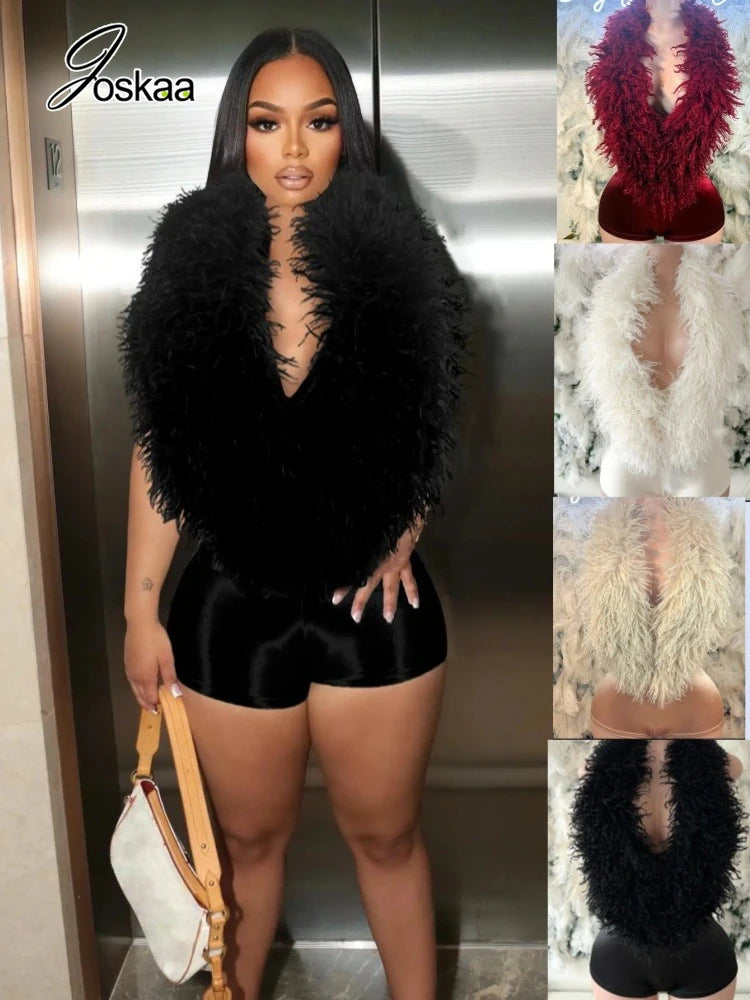 Joskaa Women's Sexy Faux Fur Romper Halter Deep V Backless Activity Workout Fit Skinny Playsuits Holiday Club Rompers S-XXL