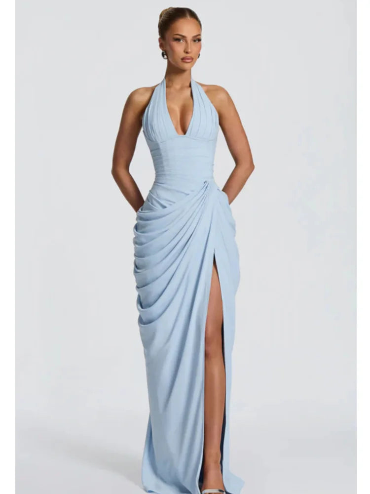 Sexy Solid Pleated Halter Women's Dress Fashion Sleeveless Backless Waist-cinching Split Maxi Dresses 2026 Summer Party Gowns