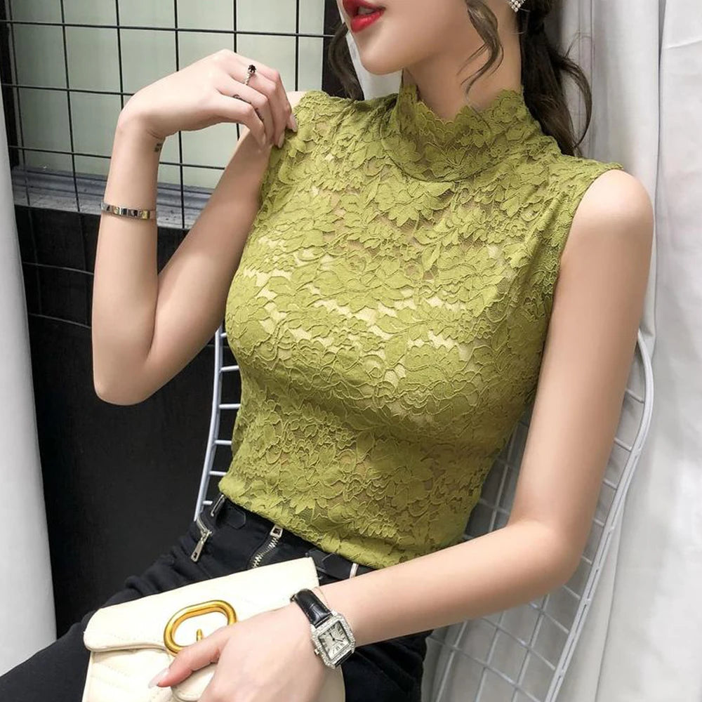 Flower Lace Female Blouses Vest S-XL Spring Summer Elastic T Shirt Girl Rose Lace Turtleneck Sleeveless Women Bottoming Tanks