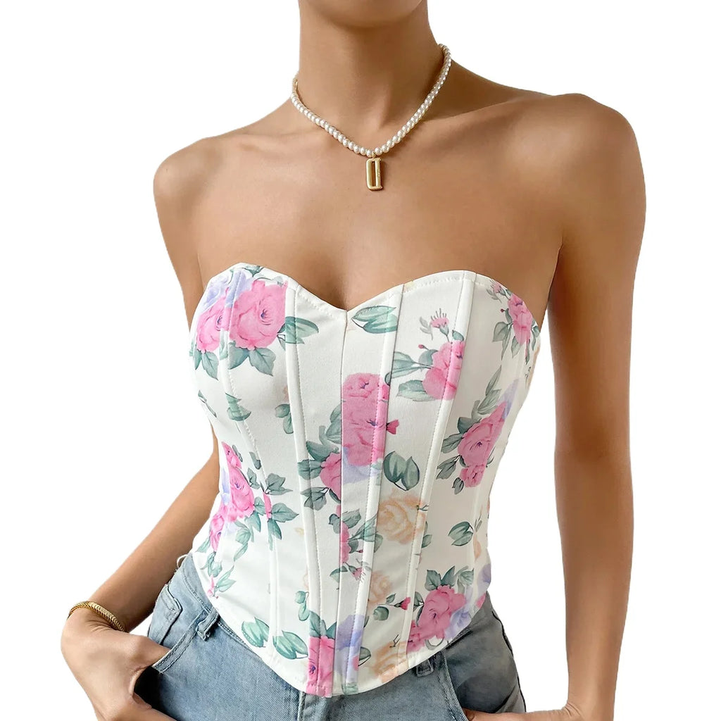 Women Floral Top Sexy Spicy Girl Tank Top Low cut Open Back Flower Wrapped Chest Diamond Fish Bone Strap Waist Vest Tank Top Y2K