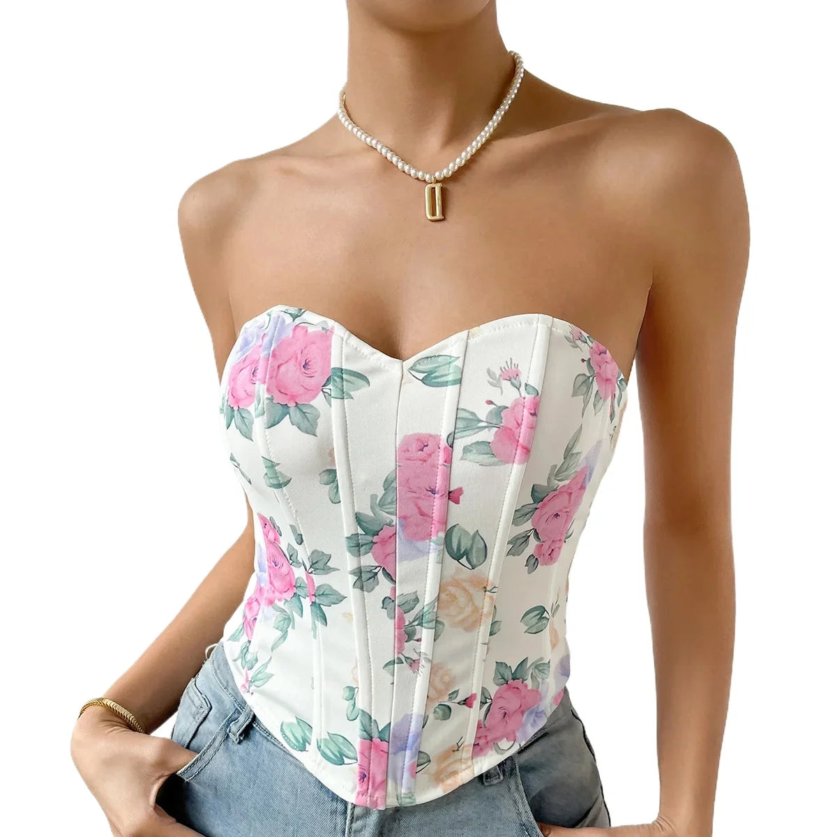 Women Floral Top Sexy Spicy Girl Tank Top Low cut Open Back Flower Wrapped Chest Diamond Fish Bone Strap Waist Vest Tank Top Y2K