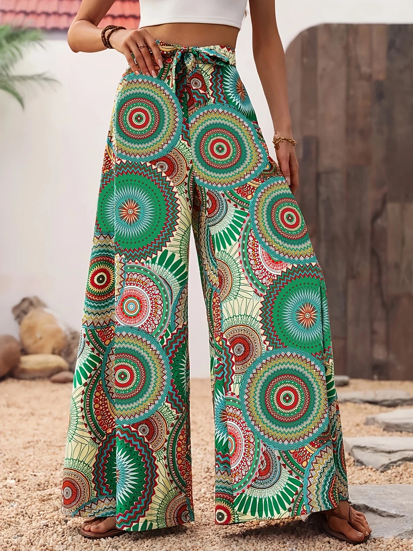Women's Bohemian Style Printed Wide Leg Pants Casual Vacation Comfortable Elastic Waist Long Strapped Trousers