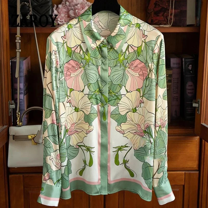 ZAROY S-3XL Imitation Silk Slim Shirts Women Orange Grey Luxury Print Fashion Blouses Lady Top Luxury Brand Design Shirt camisas