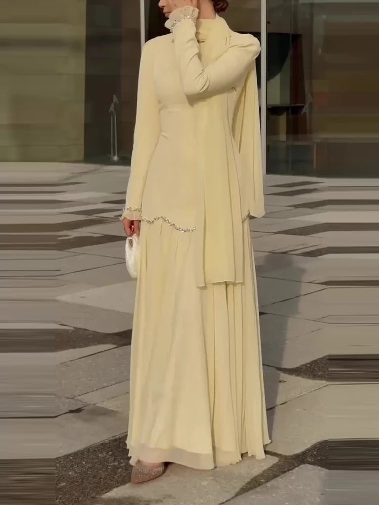Fashion Diamond Embedded Splicing Gown Women Casual Hight Waist Draped Solid Long Dress Elegant O-neck Bubble Sleeve Gowns Dress