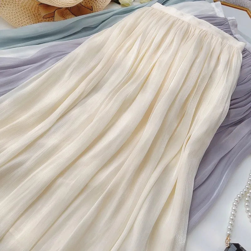 Ladies A-line Skirt White Maxi Skirt Woman Dance Dresses Clothing Sales Mesh Ruffles Design Luxury Elegant Casual Chic Solid