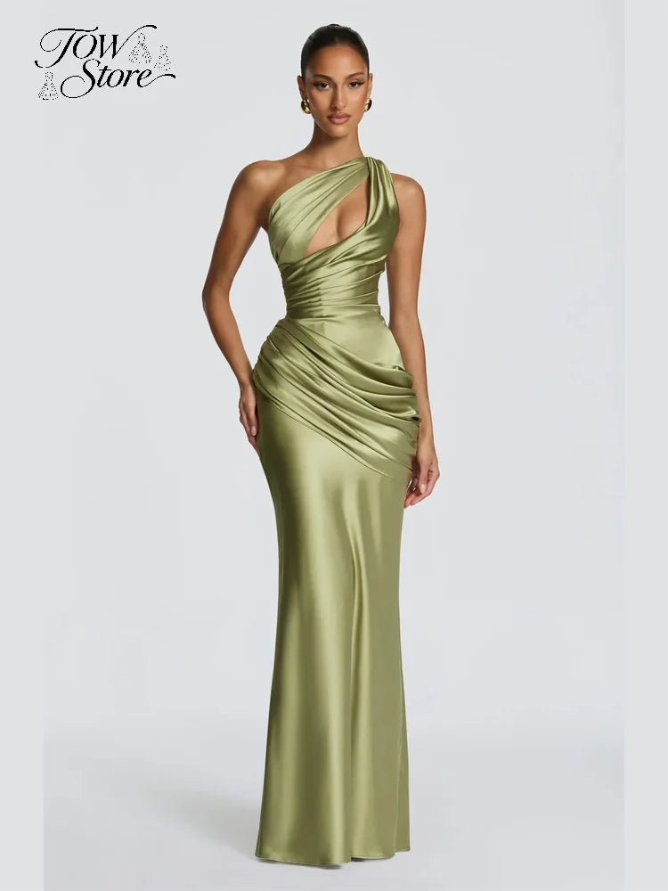 Elegant Solid Ruched Satin Maxi Dress Women One-shoulder Sleeveless Slim Fit Flowy Dresses 2026 Lady Summer Evening Vestidos